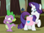 Size: 828x634 | Tagged: safe, screencap, rarity, spike, dragon, pony, unicorn, g4, molt down, my little pony: friendship is magic, cropped, female, forest, male, nervous, raised eyebrow, raised hoof, saddle bag, suspicious, tree