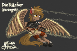 Size: 3000x2000 | Tagged: safe, artist:moonlightstrange, oc, oc only, pegasus, pony, :t, armor, cheek fluff, flying, german, glare, gray background, high res, hoof hold, leg fluff, male, simple background, smiling, smirk, solo, spread wings, stallion, total war, wing fluff, wings