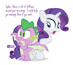 Size: 945x840 | Tagged: safe, artist:dm29, rarity, spike, dragon, pony, unicorn, g4, molt down, blushing, duo, female, implied shipping, implied sparity, implied straight, male, mare, massage, simple background, spread wings, transparent background, wingboner, winged spike, wings