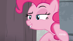 Size: 1920x1080 | Tagged: safe, screencap, pinkie pie, earth pony, pony, g4, molt down, curious, discovery family logo, female, interested, lidded eyes, lip bite, mare, out of context, raised eyebrow, smiling, solo