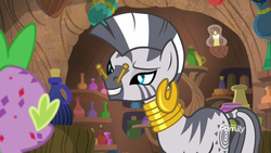 Size: 1920x1080 | Tagged: safe, screencap, spike, zecora, dragon, zebra, g4, molt down, bottle, candle, clothespin, duo, ear piercing, earring, female, jewelry, jug, male, mare, neck rings, nose pinch, piercing, potion, pouch, smelly, smiling, stone scales, zecora's hut