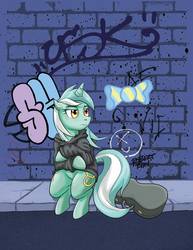 Size: 2550x3304 | Tagged: safe, artist:skurtsrus, lyra heartstrings, pony, unicorn, g4, brick wall, clothes, dig the swell hoodie, female, high res, hoodie, sitting, solo, spray, sweatshirt, thoughtful