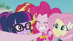 Size: 1280x720 | Tagged: safe, edit, edited screencap, editor:zeppo, screencap, fluttershy, pinkie pie, sci-twi, sunset shimmer, twilight sparkle, equestria girls, g4, my little pony equestria girls: better together, unsolved selfie mysteries, clothes, cute, diapinkes, fluttershy's wetsuit, geode of sugar bombs, group, one-piece swimsuit, pinkie pie swimsuit, ponytail, quartet, selfie, shimmerbetes, shyabetes, swimsuit, twiabetes