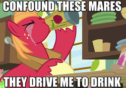 Size: 1026x720 | Tagged: safe, edit, edited screencap, screencap, big macintosh, earth pony, pony, g4, the break up breakdown, apple cider, cider, confound these ponies, crying, dialogue, drinking, image macro, male, meme, mug, reaction image, solo, stallion, tankard, the dover boys