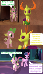 Size: 1280x2160 | Tagged: safe, artist:red4567, spike, thorax, twilight sparkle, alicorn, changedling, changeling, dragon, pony, g4, molt down, 3d, breaking the fourth wall, comic, dustbowl, female, king thorax, male, source filmmaker, spike is not amused, twilight sparkle (alicorn), twilight sparkle is not amused, unamused, winged spike, wings
