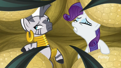 Size: 1920x1080 | Tagged: safe, screencap, rarity, zecora, bird, pony, roc, unicorn, zebra, g4, molt down, captured, claws, discovery family logo, duo, ear piercing, earring, eyeroll, eyes closed, female, gritted teeth, jewelry, leg rings, mare, neck rings, piercing, talons