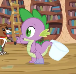 Size: 555x540 | Tagged: safe, screencap, spike, winona, dragon, g4, just for sidekicks, season 3, claws, cropped, cup, golden oaks library, male, saliva on feet