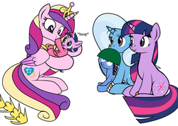 Size: 600x428 | Tagged: safe, artist:dekomaru, edit, princess cadance, trixie, twilight sparkle, alicorn, pony, unicorn, tumblr:ask twixie, g4, ask, boop, bracelet, c:, cropped, cute, eye contact, female, filly, foal, frown, helmet, holding a pony, hug, jewelry, lesbian, looking at each other, magical lesbian spawn, mare, offspring, parent:trixie, parent:twilight sparkle, parents:twixie, ship:twixie, shipping, simple background, sitting, smiling, tactical boop incoming!, tumblr, unicorn twilight, white background, wide eyes