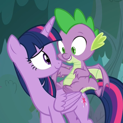 Size: 1079x1078 | Tagged: safe, screencap, spike, twilight sparkle, alicorn, dragon, pony, g4, molt down, cropped, discovery family logo, dragons riding ponies, duo, eye contact, female, looking at each other, male, riding, smiling, spike riding twilight, twilight sparkle (alicorn), winged spike, wings