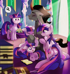Size: 2816x2968 | Tagged: safe, artist:tingsan, king sombra, twilight sparkle, alicorn, pony, unicorn, g4, age difference, angry, blushing, book, butt, clone, colored wings, colored wingtips, cute, female, filly, filly twilight sparkle, floppy ears, high res, hug, jealous, male, multeity, pictogram, plot, self ponidox, ship:twibra, shipping, smiling, sombradorable, sparkle sparkle sparkle, sparkles, straight, twiabetes, twilight sparkle (alicorn), ultimate twilight, unicorn twilight, younger