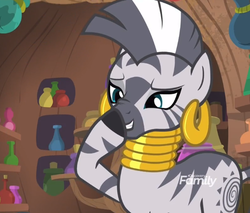 Size: 577x492 | Tagged: safe, screencap, zecora, pony, zebra, g4, molt down, boop, cropped, cute, discovery family logo, female, glimmerposting, self-boop, smiling, solo, zecora's hut, zecorable, zecoraposting