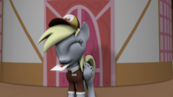 Size: 1280x720 | Tagged: safe, artist:dracagon, derpy hooves, pony, g4, 3d, cap, clothes, female, hat, letter, mouth hold, shirt, solo