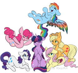 Size: 4887x4581 | Tagged: safe, artist:harmony134, applejack, fluttershy, pinkie pie, rainbow dash, rarity, twilight sparkle, alicorn, earth pony, pegasus, pony, unicorn, g4, absurd resolution, colored wings, colored wingtips, eyes closed, female, hat, mane six, mare, one eye closed, open mouth, simple background, smiling, transparent background, twilight sparkle (alicorn)