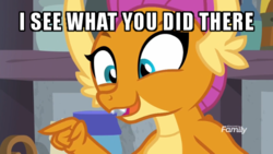 Size: 500x281 | Tagged: safe, edit, edited screencap, screencap, smolder, dragon, g4, molt down, amused, dragoness, female, i see what you did there, image macro, meme, pointing, solo