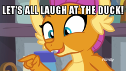 Size: 500x281 | Tagged: safe, edit, edited screencap, screencap, smolder, dragon, g4, molt down, amused, daffy duck, dragoness, female, image macro, looney tunes, meme, op is a duck (reaction image), pointing, solo