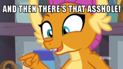 Size: 500x281 | Tagged: safe, edit, edited screencap, screencap, smolder, dragon, g4, molt down, amused, and then there's this asshole, dragoness, female, image macro, meme, pointing, solo