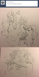 Size: 540x1047 | Tagged: safe, artist:greyscaleart, fluttershy, princess celestia, alicorn, pegasus, pony, g4, ask, bored, comic, dialogue, duo, eyes closed, female, grayscale, hr department, mare, monochrome, name tag, pone co., saddle bag, sitting, speech bubble, traditional art, tumblr, waving, wing gesture, wing hands, wing wave, wings