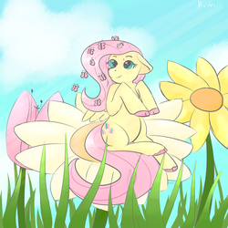 Size: 4000x4000 | Tagged: safe, artist:kiwiscribbles, fluttershy, butterfly, pegasus, pony, g4, cute, female, flower, grass, mare, shyabetes, solo