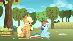 Size: 1920x1080 | Tagged: safe, screencap, applejack, rainbow dash, earth pony, pegasus, pony, g4, grannies gone wild, apple, apple tree, bedroom eyes, female, food, lasso, looking back, mare, out of context, rope, sitting, surprised, sweet apple acres, tree, wide eyes
