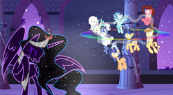 Size: 5296x2930 | Tagged: safe, artist:velveagicsentryyt, oc, oc only, oc:apple pie, oc:destiny, oc:galaxy swirls, oc:moonlight sonata, oc:party pie, oc:rainbow blitzes, oc:sky city, oc:velvet sentry, earth pony, hybrid, pegasus, pony, unicorn, female, interspecies offspring, magic, mare, offspring, parent:applejack, parent:caramel, parent:cheese sandwich, parent:discord, parent:fancypants, parent:flash sentry, parent:fluttershy, parent:king sombra, parent:pinkie pie, parent:princess luna, parent:rainbow dash, parent:rarity, parent:soarin', parent:twilight sparkle, parents:carajack, parents:cheesepie, parents:discoshy, parents:flashlight, parents:lumbra, parents:raripants, parents:soarindash