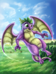 Size: 3000x4000 | Tagged: safe, artist:lupiarts, spike, dragon, g4, molt down, cloud, cute, digital art, flying, forest, grass, looking down, male, sky, smiling, solo, winged spike, wings, wood