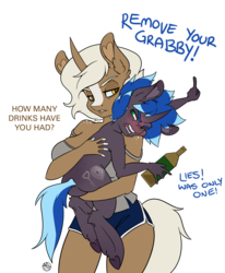 Size: 3020x3659 | Tagged: safe, artist:kez, oc, oc:day, oc:daybreak, oc:lock down, unicorn, anthro, unguligrade anthro, alcohol, blushing, bottle, drunk, high res, holding a pony, horn, simple background, transparent background, unicorn oc