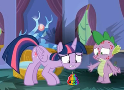 Size: 550x400 | Tagged: safe, edit, edited screencap, screencap, spike, twilight sparkle, alicorn, pony, unicorn, g4, molt down, emoji, female, mare, poop, rainbow, rainbow poop, stone scales, twilight sparkle (alicorn), 💩