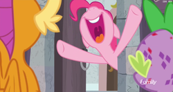 Size: 1420x755 | Tagged: safe, screencap, pinkie pie, smolder, spike, dragon, pony, g4, molt down, discovery family logo, female, mare, nose in the air, open mouth, stone scales, volumetric mouth