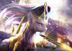 Size: 3508x2480 | Tagged: safe, artist:aidelank, starlight glimmer, pony, unicorn, g4, armor, badass, epic, female, glowing horn, high res, horn, mare, solo, sword, weapon