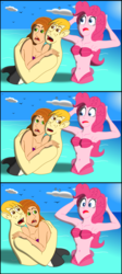 Size: 2719x6084 | Tagged: safe, artist:physicrodrigo, part of a set, pinkie pie, human, mermaid, orca, series:equestria mermaids, equestria girls, g4, absurd resolution, armpits, awestruck, belly button, bra, breasts, busty pinkie pie, chara, clothes, comic strip, crossover, frisk, hands on head, holding each other, hug, kim possible, looking at each other, married couple, mermaid lovers, mermaidized, midriff, ocean, part of a series, ponytail, ron stoppable, seashell bra, shocked expression, species swap, story included, undertale, when she doesn't smile, when you see it