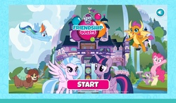 Size: 2048x1206 | Tagged: safe, pinkie pie, rainbow dash, silverstream, smolder, spike, twilight sparkle, yona, alicorn, classical hippogriff, hippogriff, pony, friendship quests, g4, official, game, my little pony friendship quests, my little pony logo, school of friendship, twilight sparkle (alicorn), website