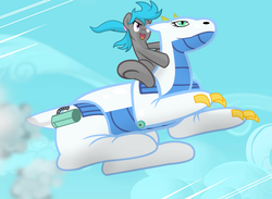 Size: 1900x1389 | Tagged: safe, artist:succubi samus, oc, oc:onyx romance, pony, clean, cloud, commission, cute, flying, giddy up, inflatable, inflatable dragon, inflatable toy, show accurate, sky, smiling, speed lines