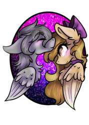 Size: 685x960 | Tagged: safe, artist:gęįjütšū, oc, oc only, oc:ion sparkplug, oc:joycie, pegasus, pony, blushing, bowtie, bust, eyes closed, floppy ears, forehead kiss, long mane, portrait, simple background, smiling, transparent background