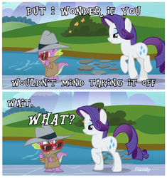 Size: 1039x1103 | Tagged: safe, edit, edited screencap, screencap, rarity, spike, pony, g4, molt down, bedroom eyes, clothes, comic, disguise, female, glasses, male, screencap comic, ship:sparity, shipping, straight, text, we don't normally wear clothes