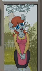 Size: 1188x1992 | Tagged: safe, artist:marsminer, oc, oc only, oc:alice 001, gynoid, robot, anthro, dialogue, female, housewife, mare, solo