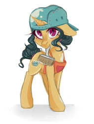 Size: 3800x5000 | Tagged: safe, artist:crystalfilth, fresh coat, earth pony, pony, g4, apron, backwards ballcap, baseball cap, blushing, cap, clothes, cute, female, floppy ears, hat, mare, mouth hold, paint on fur, paintbrush, solo