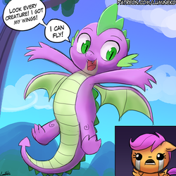 Size: 750x750 | Tagged: safe, artist:lumineko, scootaloo, spike, dragon, pegasus, pony, g4, molt down, season 8, biblethump, crying, dark comedy, female, floppy ears, flying, male, scootaloo can't fly, scootasad, speech bubble, the binding of isaac, tree, winged spike, wings