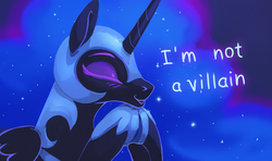 Size: 1200x709 | Tagged: safe, artist:rodrigues404, nightmare moon, alicorn, pony, g4, :o, blushing, cute, denial, eyes closed, eyeshadow, female, hooves together, makeup, mare, moonabetes, nicemare moon, open mouth, open smile, purple background, simple background, smiling, solo, sparkles, text