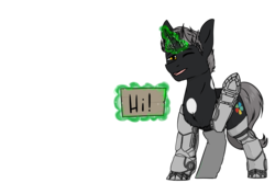 Size: 3000x2000 | Tagged: safe, artist:sinrinf, oc, oc only, oc:kick pacer, cyborg, pony, unicorn, amputee, female, glowing horn, high res, horn, image macro, magic, meme, prosthetic limb, prosthetics, quadruple amputee, simple background, solo, telekinesis, transparent background