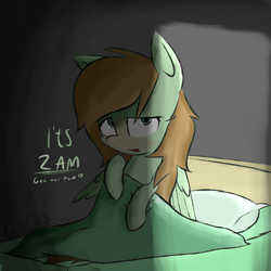 Size: 4000x4000 | Tagged: safe, artist:lofis, oc, oc only, oc:mint chocolate, pegasus, pony, bed, bedroom, bedsheets, blanket, blushing, covering, covering with blanket, cute, dark room, dialogue, female, looking at you, mare, pillow, signature, solo, talking, tired, waking up, wings