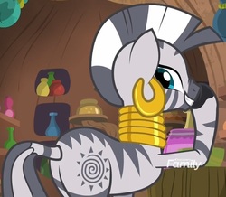 Size: 784x684 | Tagged: safe, screencap, zecora, pony, zebra, g4, molt down, boop, butt, cropped, discovery family logo, female, nose wrinkle, plot, plugged nose, self-boop, solo, zecora's hut