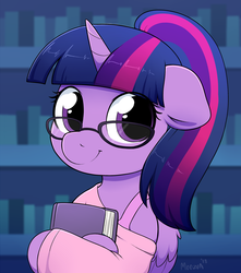 Size: 2623x2961 | Tagged: safe, artist:moozua, derpibooru exclusive, twilight sparkle, alicorn, pony, semi-anthro, g4, :t, adorkable, alternate hairstyle, book, clothes, cute, dork, female, floppy ears, glasses, high res, hoof hold, library, looking at you, mare, meganekko, moozua is trying to murder us, off shoulder, ponytail, smiling, solo, twiabetes, twilight sparkle (alicorn)