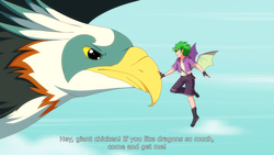 Size: 1280x720 | Tagged: safe, artist:jonfawkes, spike, bird, human, roc, g4, molt down, anime, clothes, dialogue, fingerless gloves, gloves, humanized, scene interpretation, size difference, winged humanization, winged spike, wings
