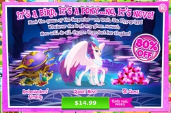 Size: 2019x1344 | Tagged: safe, gameloft, queen novo, bird, classical hippogriff, hippogriff, pony, seapony (g4), g4, my little pony: the movie, advertisement, airship, beak, coral, costs real money, crown, eyeshadow, feathered fetlocks, female, game screencap, gem, introduction card, jewelry, lidded eyes, looking at you, makeup, male, my little pony game, ocean, open mouth, open smile, peytral, regalia, seaquestria, seaweed, smiling, smiling at you, spread wings, superman, throne, throne room, underwater, water, wings