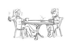 Size: 1280x768 | Tagged: safe, artist:captainhoers, oc, oc only, oc:byzantium guidance, oc:skyfall, cyborg, unicorn, anthro, plantigrade anthro, anthro oc, boots, breasts, chair, cleavage, clothes, conversation, cravat, crossed legs, cyberpunk, duo, female, food, high heels, hologram, monochrome, shoes, sketch, spypone, suit, table, tea