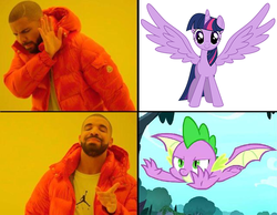 Size: 640x496 | Tagged: safe, spike, twilight sparkle, alicorn, dragon, human, pony, g4, molt down, my little pony: friendship is magic, season 8, alicorn drama, drake, drama, exploitable meme, fandom history, female, flying, hotline bling, looking at you, male, mare, meme, twilight sparkle (alicorn), winged spike, wings