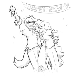 Size: 1280x1280 | Tagged: safe, artist:captainhoers, oc, oc only, oc:emerald isle, oc:skyfall, unicorn, anthro, alcohol, celebration, clothes, cravat, drunk, drunk bubbles, duo, duo female, female, glass, happy new year, holiday, monochrome, pants, shirt, sketch, spypone