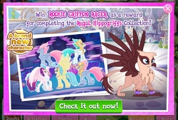 Size: 2048x1386 | Tagged: safe, gameloft, garnet (g4), princess skystar, queen novo, stratus skyranger, classical hippogriff, griffon, hippogriff, g4, my little pony: the movie, advertisement, background griffon, canterlot, collection, game screencap, spread wings, wings