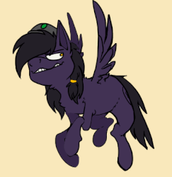 Size: 391x402 | Tagged: safe, artist:baccizoof, oc, oc only, oc:mir, pegasus, pony, fallout equestria, animated, beret, dashite, female, flying, frame by frame, gif, hat, simple background, yellow background