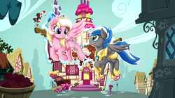 Size: 1024x576 | Tagged: safe, artist:mysticalpha, oc, oc only, oc:bay breeze, oc:cloud zapper, pegasus, pony, armor, baypper, flying, sugarcube corner